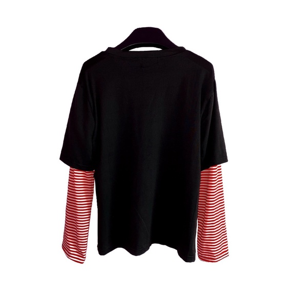 black tee over striped red long sleeved shirt - Picture 2 of 2